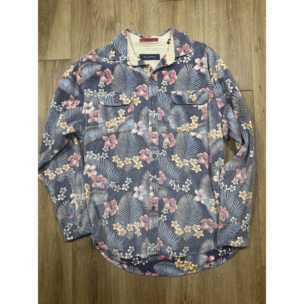 Mens Tommy Bahama Size Medium Long Sleeve Blue Corduroy Hawaiian Floral Shirt